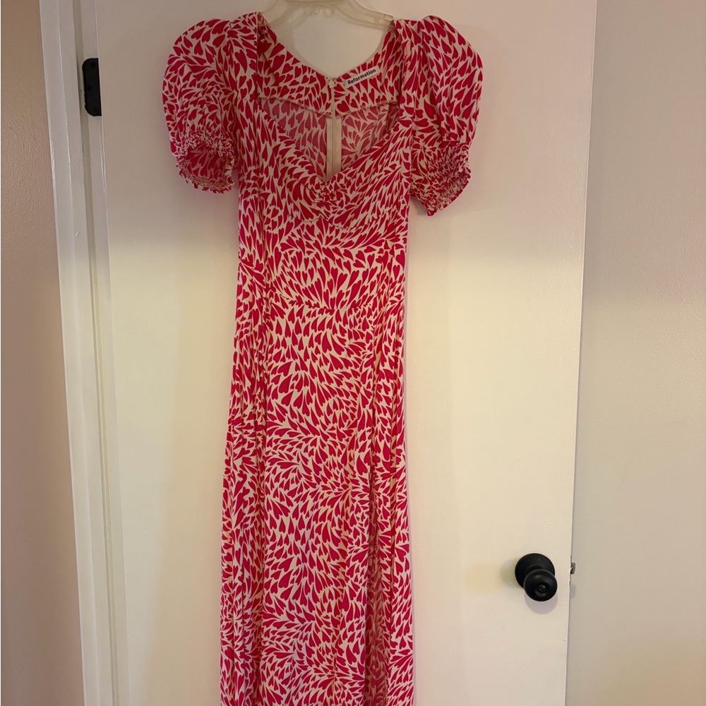 Reformation Hot Pink Printed Sweetheart Midi Dress - Picture 2 of 2